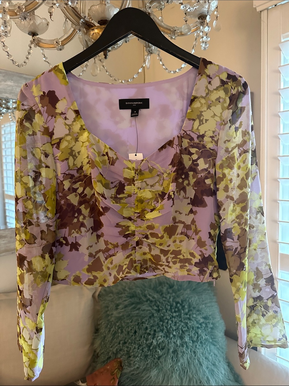 Banana Republic Lilac and Olive Floral Sheer Ruched Blouse